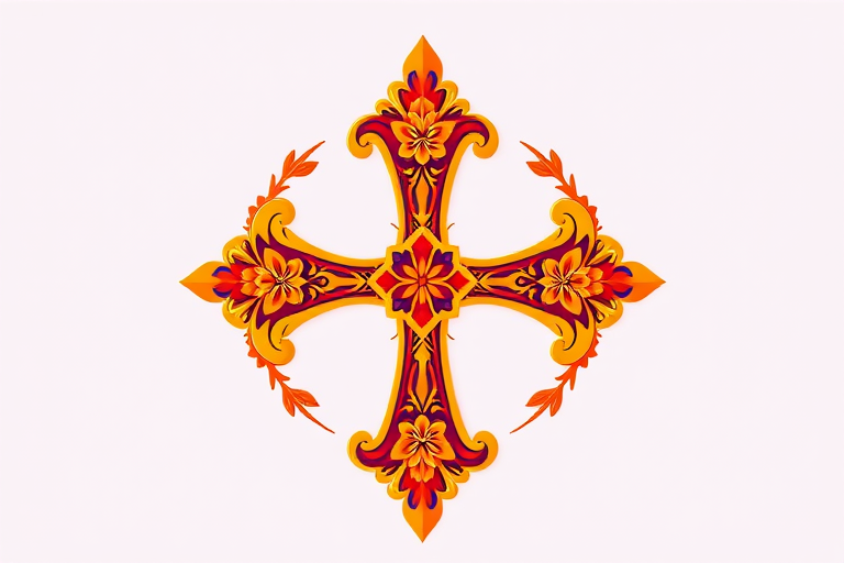 Create a vibrant logo of an ornate orange cross with floral accents, shot in high resolution with a DSLR camera at f/2.8, 50mm lens, ISO 100, natural lighting, centered composition, and minimal background for a clean look.