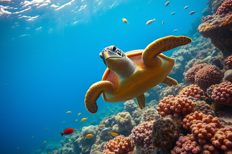 underwater scene of a vibrant turtle swimming gracefully with colorful fish in a coral reef, 35mm lens, f/8 aperture, ISO 200, soft natural lighting, wide-angle view, DSLR camera