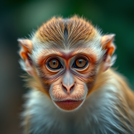 Capture a close-up portrait of a monkey with a detailed focus on its facial features and expressive eyes, using a Canon EOS 5D Mark IV, 85mm lens, aperture set to f/1.8, ISO 200, and a shallow depth of field to create a blurred background effect.