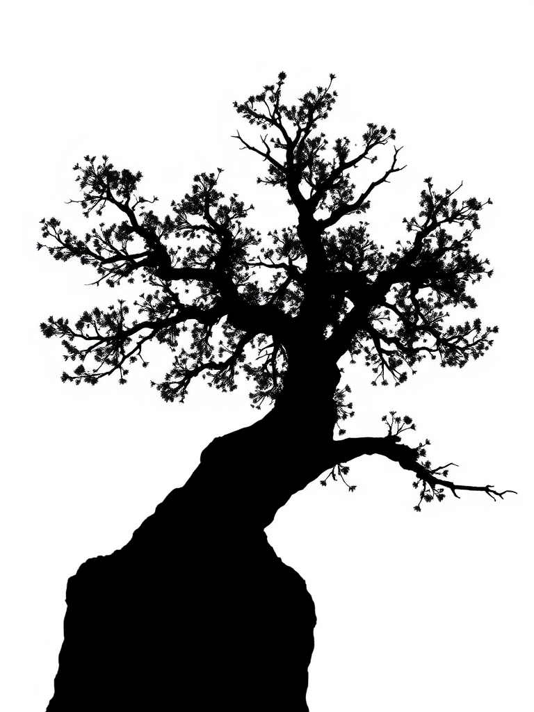 Create a high-contrast black silhouette of a tree on a white background, using a DSLR camera, aperture f/8, ISO 100, focal length 50mm, shot from a low angle to enhance depth and detail.