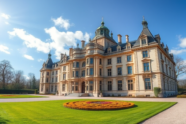 Create a high-resolution image of a grand chateau with intricate architectural details in a panoramic view, taken with a DSLR camera at f/8, 1/250s shutter speed, ISO 100, using a wide-angle lens at 24mm for enhanced depth and clarity during daylight.