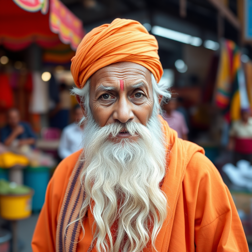 Create a portrait of an elderly man with a long white beard wearing a bright orange robe and headband, standing in a busy market with colorful stalls in the background, shot with a Canon EOS 5D Mark IV, 50mm lens, f/1.8 aperture, ISO 200, natural light, and shallow depth of field to blur the background.