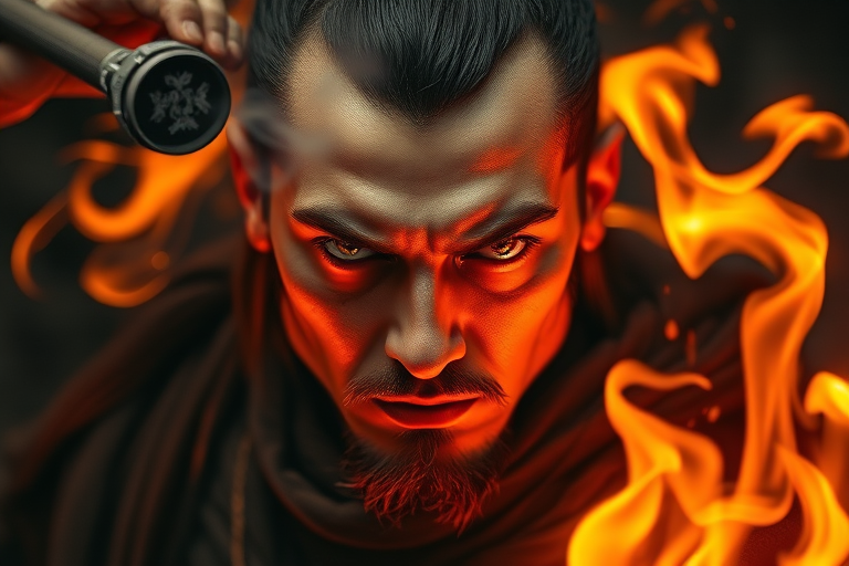 Create a dramatic portrait of a warrior with fiery eyes, surrounded by swirling flames and smoke, using a DSLR camera with a 50mm lens, aperture f/1.8, shutter speed 1/200s, ISO 100, in low light conditions for enhanced contrast and details.
