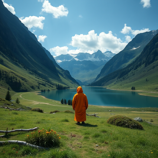 A solitary figure dressed in an orange robe stands in a lush valley surrounded by mountains, with a serene lake in the background, captured with a 50mm lens at f/2.8, ISO 100, in natural light from a low angle, using a DSLR camera in landscape mode.