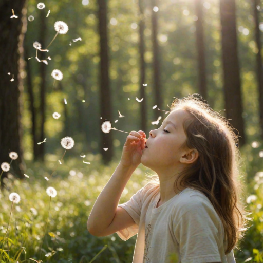 Blurry candid shot of a young girl blowing dandelion seeds into the wind, soft sunlight filtering through the surrounding trees, with distant flowers swaying gently in the breeze.