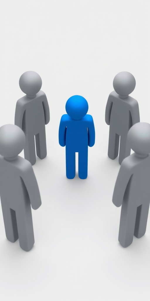 Create an illustration of a central blue figure surrounded by five gray figures in a minimalistic style, using a DSLR camera with a focal length of 50mm, aperture set to f/2.8, ISO 200, with a soft focus background to enhance the contrast of the blue figure.