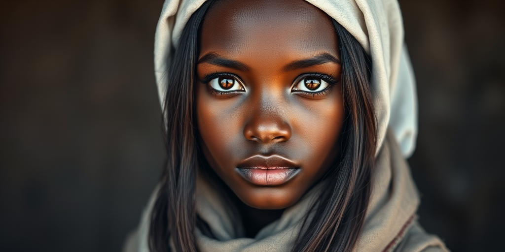 Create a portrait of a young Zulu woman with long, dark hair and captivating hazel eyes. She is wearing a white headscarf and a matching scarf draped gracefully around her neck. The background is softly blurred, focusing attention on her serene and natural expression. The overall color palette is muted and warm, enhancing the intimate and authentic feel of the portrait.
