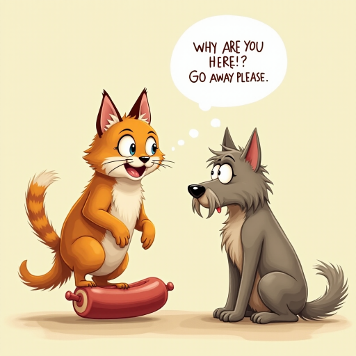 caricature of a silly whimsical fluffy cat with a mean look she has one foot on a sausage and is looking at an old scraggly big dog the cat has a thought bubble above her head that says “why are you here? go away please"