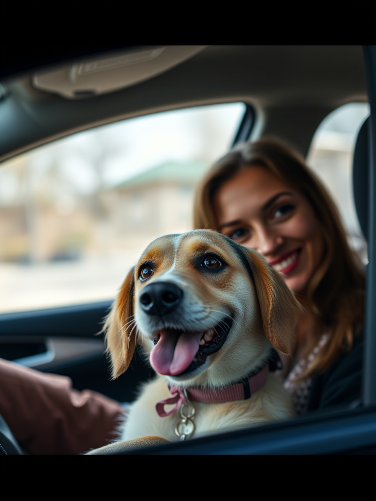 Capture a close-up shot of a woman and a dog inside a car, using a Canon EOS R5 at f/2.8 aperture, ISO 100, 1/500 sec shutter speed, with natural lighting and a slight shallow depth of field.