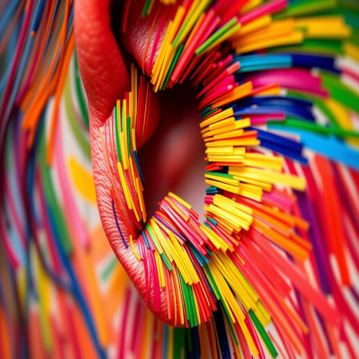 Create a vibrant and colorful abstract representation of an ear made from a multitude of tiny painted brush strokes, shot with a Canon EOS R5 at f/1.8, ISO 100, 50mm lens, in a high-resolution, macro photography style with a soft-focus background.