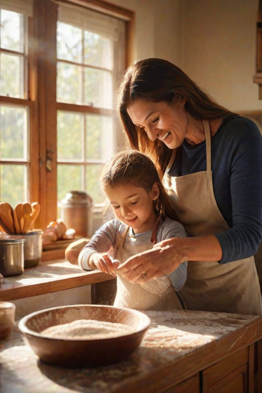 Warmly lit image of a mother and child baking in a cozy kitchen, flour dusting the countertops, sunlight streaming through a window, the smell of cinnamon and sugar in the air, and the sense of bonding and creation.