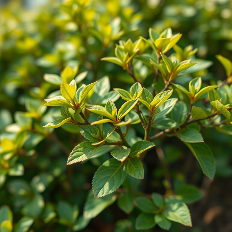 create a detailed illustration of a leafy shrub with multiple stems and vibrant green leaves, use a shallow depth of field with a 50mm lens at f/2.8, soft natural lighting, and a slight tilt-shift effect to enhance focus on the shrub, in a digital art style