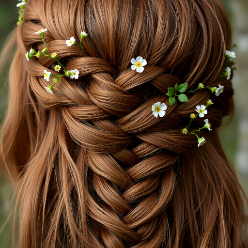 Warm chestnut brown hair woven into an intricate crown braid, adorned with tiny wildflowers and delicate vines, evoking the essence of a woodland fairy queen.