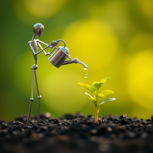 A metal figurine of a person, constructed from thin, silver rods, stands on the left side of the image, facing the viewer. The figurine is holding a small watering can and pouring water onto a young plant, with a few droplets in the air. The plant, with lush green leaves, is situated in the center, growing from dark soil. The background is a soft, out-of-focus blur of green, illuminated by warm, natural light.  The composition creates a sense of depth and intimacy. The image evokes feelings of growth, nurture, and hope.