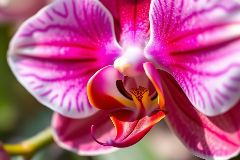 Capture a close-up image of a vibrant orchid with rich colors and intricate details, using a DSLR camera, aperture f/2.8 for shallow depth of field, a focal length of 100mm, ISO 100 for high quality, and natural lighting to enhance the flower's texture and hues.
