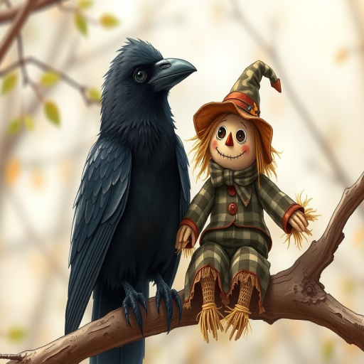 Create a detailed illustration of a crow and a scarecrow sitting on a branch in a whimsical style, captured with a DSLR camera at 50mm focal length, aperture f/2.8, ISO 100, natural lighting, and a shallow depth of field to enhance the focus on the characters while softly blurring the background.