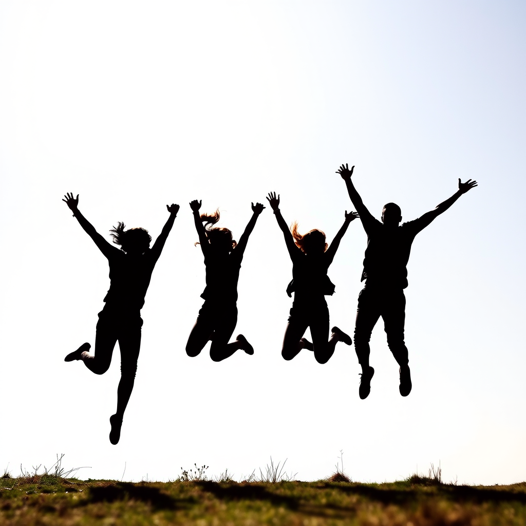 create a high-resolution image of four silhouetted figures joyfully jumping in different poses against a simple background, captured with a DSLR camera at f/8 aperture, 1/200 shutter speed, ISO 100, wide-angle lens, natural light, in a vibrant and dynamic outdoor setting