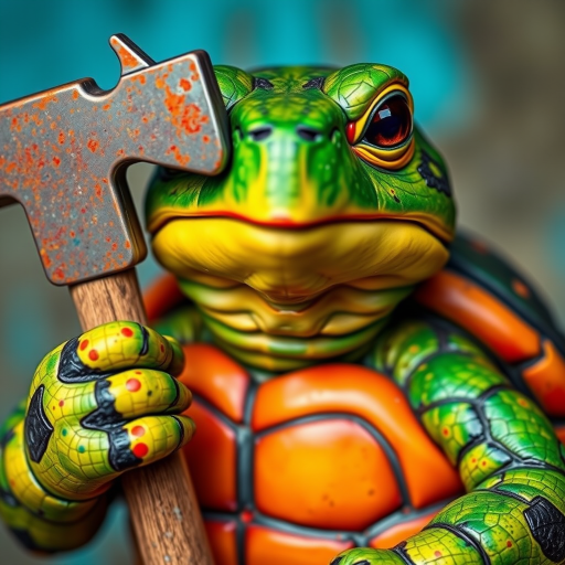 Generate an image of a colorful, stylized turtle holding a hammer, using a DSLR camera with a 50mm f/1.8 lens, aperture set to f/2.8, ISO 100, and a vibrant, saturated color palette to enhance detail and texture in a close-up view.