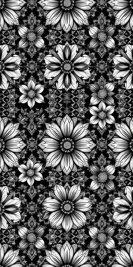 Generate a high-resolution seamless pattern of intricate geometric shapes and flowers in black and white, using a DSLR camera with a 50mm lens, aperture set to f/8, shutter speed at 1/125s, and a top-down view for optimal detail.