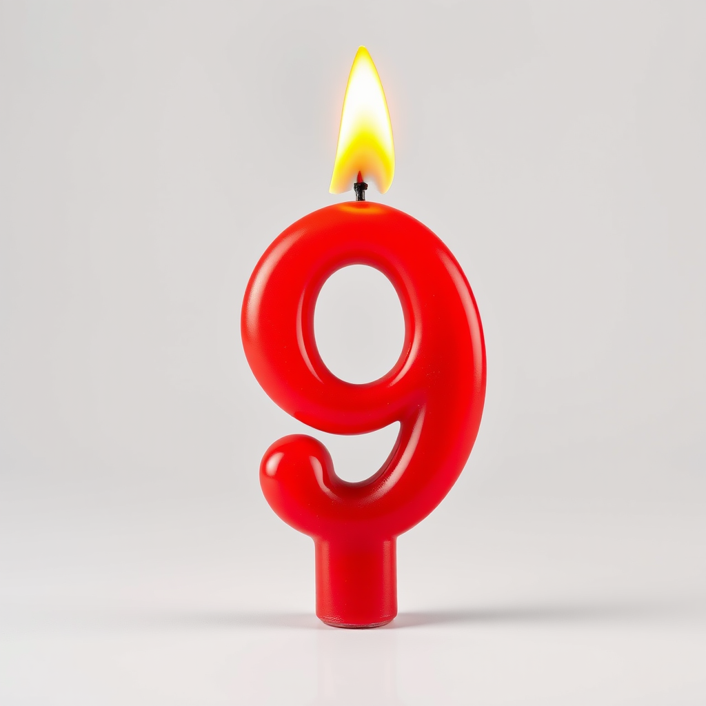 Create a high-resolution image of a large, glossy red birthday candle in the shape of the number 9, with a bright yellow flame on top, captured with a DSLR camera at f/2.8 aperture, ISO 100, and 50mm lens, in a soft-focus view to highlight the candle's texture and color.