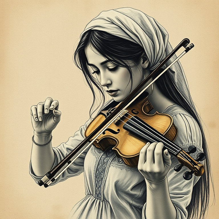 a young Turkish woman with a white headband playing a violin, in the style of a charcoal drawing, sepia grunge background
