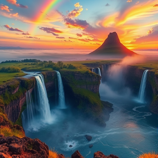 Create a highly detailed and vibrant illustration of a surreal landscape with floating islands, waterfalls cascading into the sky, and a rainbow-colored sky at sunset, captured with a Canon EOS R5, 24mm f/1.4 lens, ISO 100, aperture f/8, HDR style, wide-angle view.