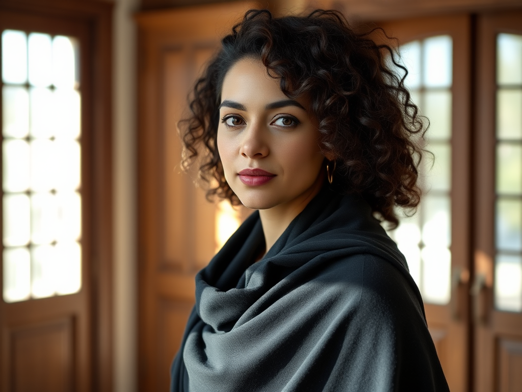 capture a portrait of a woman with curly hair wearing a black shawl, standing in a sunlit room with wooden doors, use a DSLR camera, 50mm lens, aperture f/2.8, ISO 100, soft natural lighting for enhanced image quality