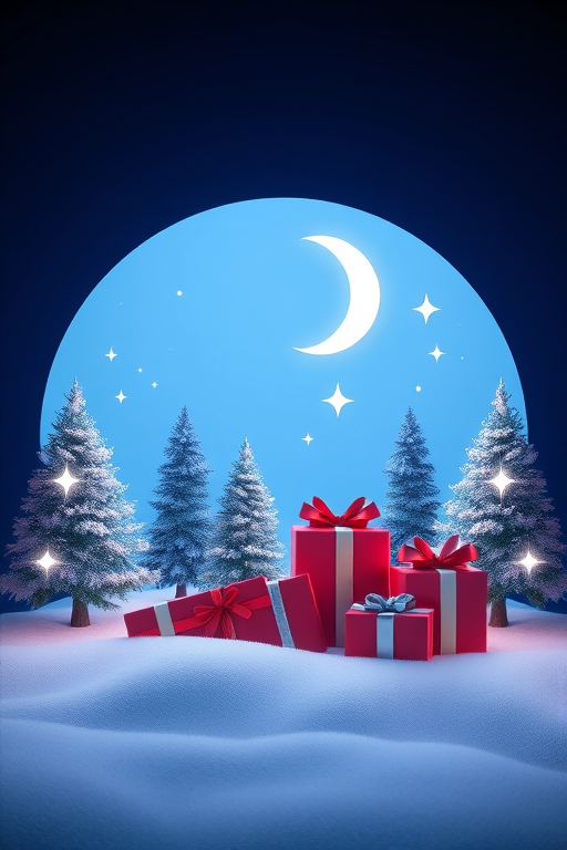 create a 3D illustration of a winter scene with a blue circular background featuring a crescent moon, stars, stylized pine trees, and wrapped gifts in front, using a Canon EOS R camera, 50mm lens, f/1.8 aperture, ISO 100, with soft lighting for enhanced depth and clarity