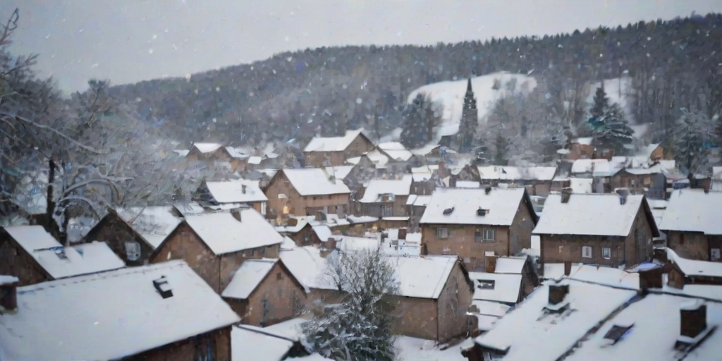 Soft-focus image of a peaceful snowy landscape, with gently falling snowflakes covering a quiet village, soft light reflecting off the rooftops and creating a dreamy atmosphere.