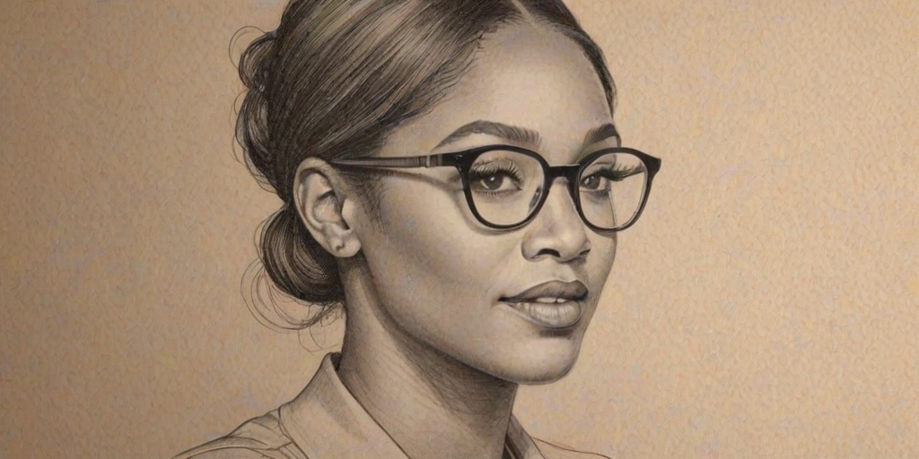 Bewitching Tiffany Haddish, pencil sketch, portrait of Attractive woman 1942s in glasses, hair style beatnik, outline, clear lines, fine lines, 8k