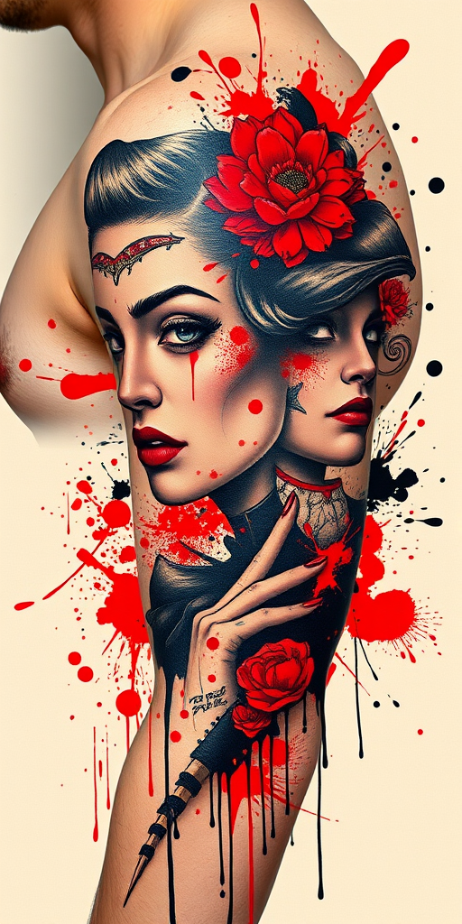 Trash polka tattoo called "Chaotic Elegance" combining bold, graphic elements with realistic portraits and abstract splatters in a striking red and black color scheme, creating a dynamic and visually arresting composition that tells a personal story through seemingly random yet carefully curated imagery, ideal for those who appreciate avant-garde and unconventional tattoo styles.