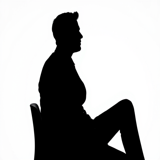 Create a high-contrast silhouette of a seated man in a suit against a white background, using a Canon EOS R5, 35mm lens, f/2.8 aperture, 1/125s shutter speed, ISO 100, captured in portrait view with soft lighting to emphasize the silhouette.