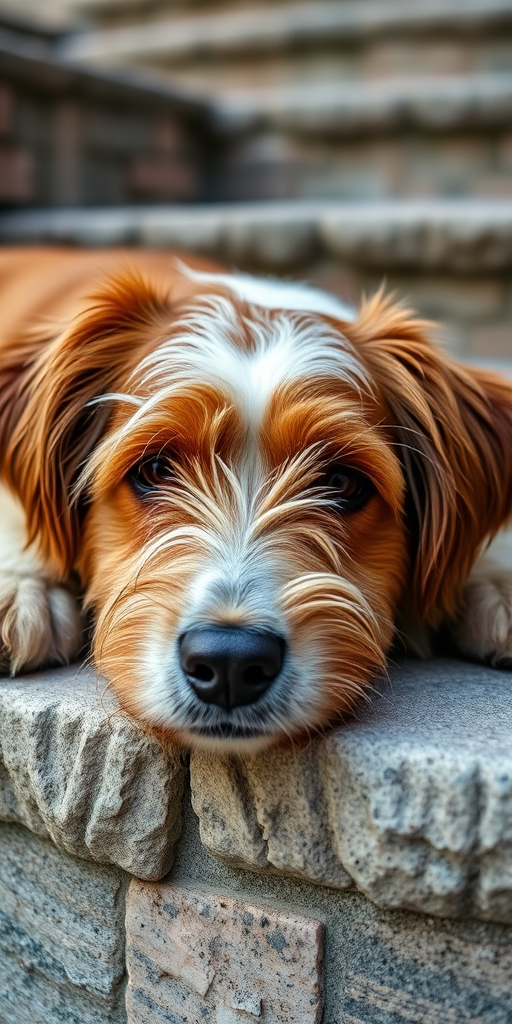 A close-up shot of a scruffy, brown and white dog resting on stone steps, natural light, 50mm lens, aperture f/2.8, ISO 200, shutter speed 1/200 sec, DSLR camera, shallow depth of field, focus on the dog's face.