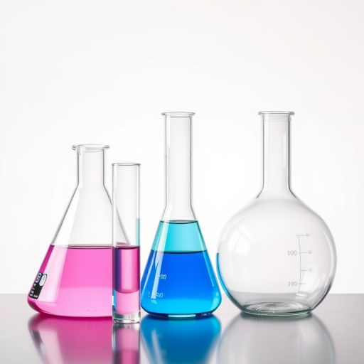 create a high-resolution digital illustration of laboratory glassware including a triangular flask, test tube, beaker, and round-bottom flask, set against a minimalistic background with soft lighting, using a 50mm lens, aperture f/8, ISO 100, and a wide angle view for clarity and detail in colors.