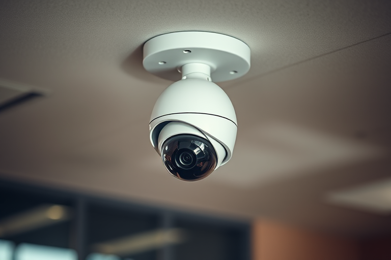 Create a high-resolution image of a modern surveillance camera mounted on a ceiling, using a DSLR camera with a 50mm lens, f/1.8 aperture, ISO 200, at a 1/100 sec shutter speed, in a well-lit indoor environment with soft shadows and a blurred background for depth.