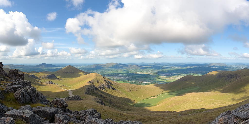 Capture a panoramic view of a rugged landscape with rolling hills and lush green fields under a partly cloudy sky, using a Canon EOS R5 with an EF 24-70mm f/2.8L lens, aperture set to f/8, ISO 100, and a shutter speed of 1/200 sec for enhanced clarity and detail.
