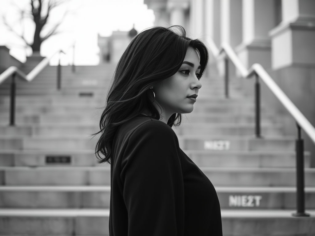 portrait of a woman standing on steps in black and white, focusing on her profile with soft natural lighting, aperture f/2.8, shutter speed 1/250s, ISO 100, shot from a low angle using a DSLR camera with a prime lens