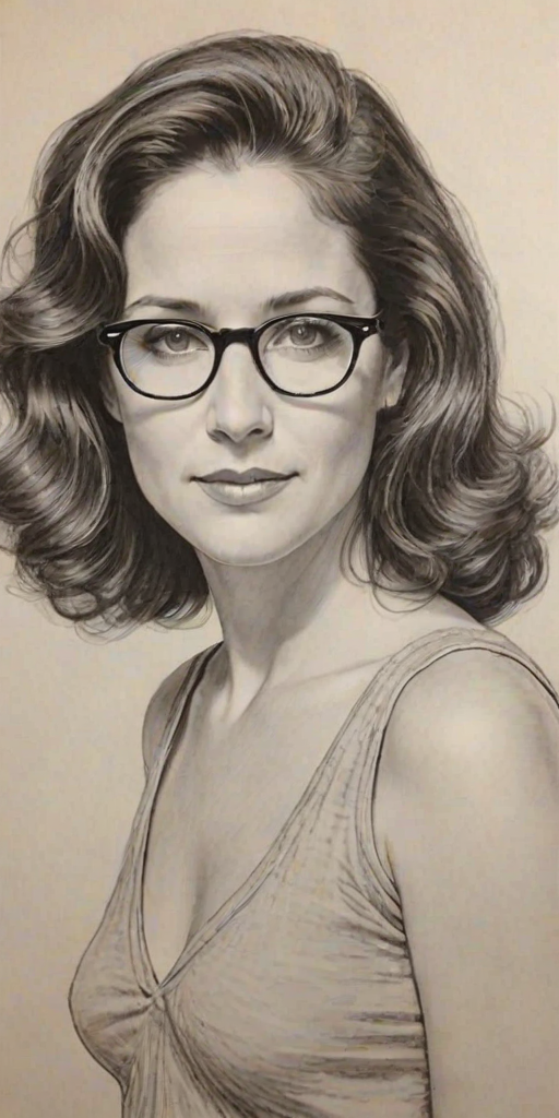 Fetching Debra Winger, pencil sketch, portrait of Gorgeous woman 1935s in glasses, hair style beatnik, outline, clear lines, fine lines, 8k