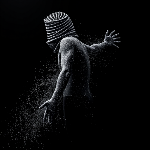 Create an image of a figure in an artistic pose, appearing to dissolve into particles, with dramatic lighting and a black background, using a Canon EOS R5 camera, 50mm lens, aperture f/1.8, ISO 100, shutter speed 1/200s, in a studio setting.