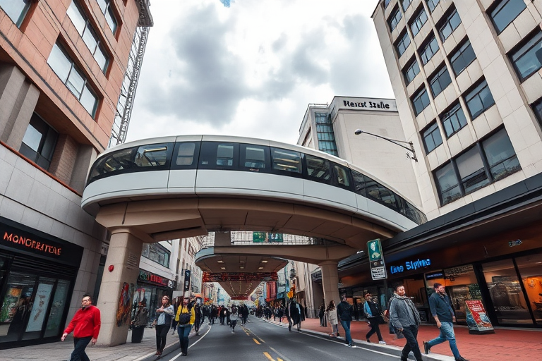 urban street scene with people walking under a monorail station, cloudy sky, focus on architecture and urban life, ISO 100, f/8, 1/250 sec, 35mm lens, wide-angle view, DSLR camera