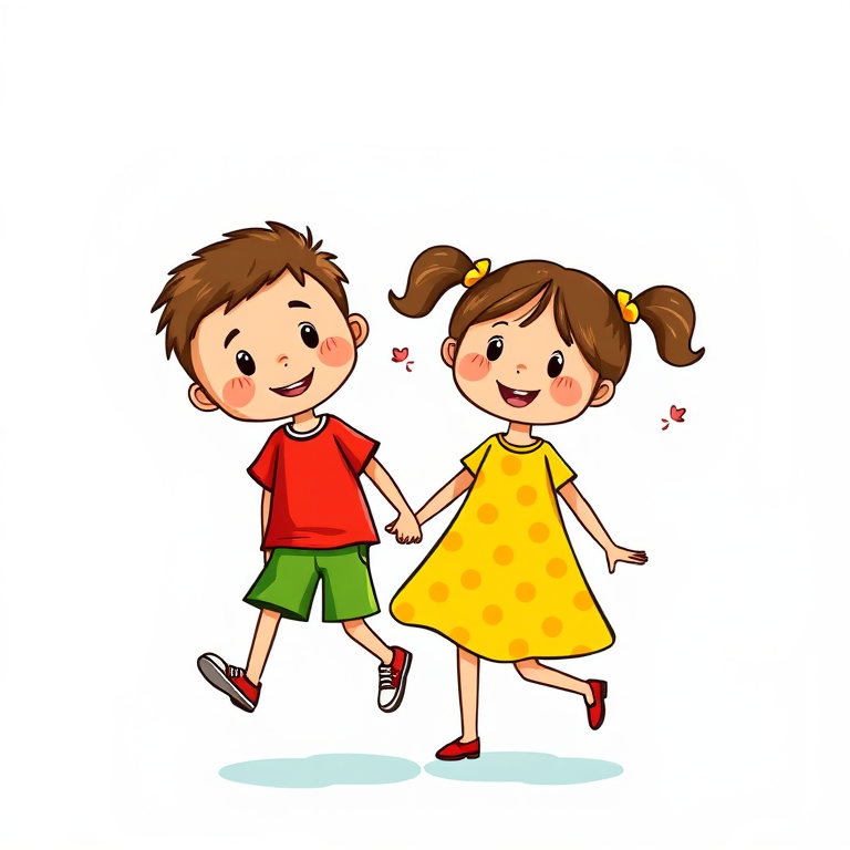 Create a vibrant illustration of two cartoon children holding hands, one boy in a red shirt and green shorts, and one girl wearing a yellow polka dot dress and pigtails, using an artistic style with bold outlines and bright colors, capturing a cheerful and playful atmosphere, shot with a DSLR camera at f/8, ISO 100, 24mm lens, in bright daylight for enhanced color saturation.