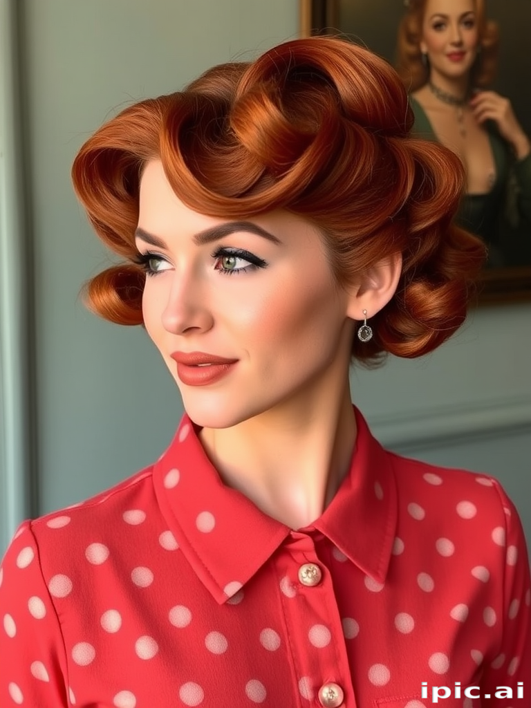 Copper penny hair color styled in voluminous vintage victory rolls, the Retro Flame style embodies classic glamour and timeless elegance with a fiery twist