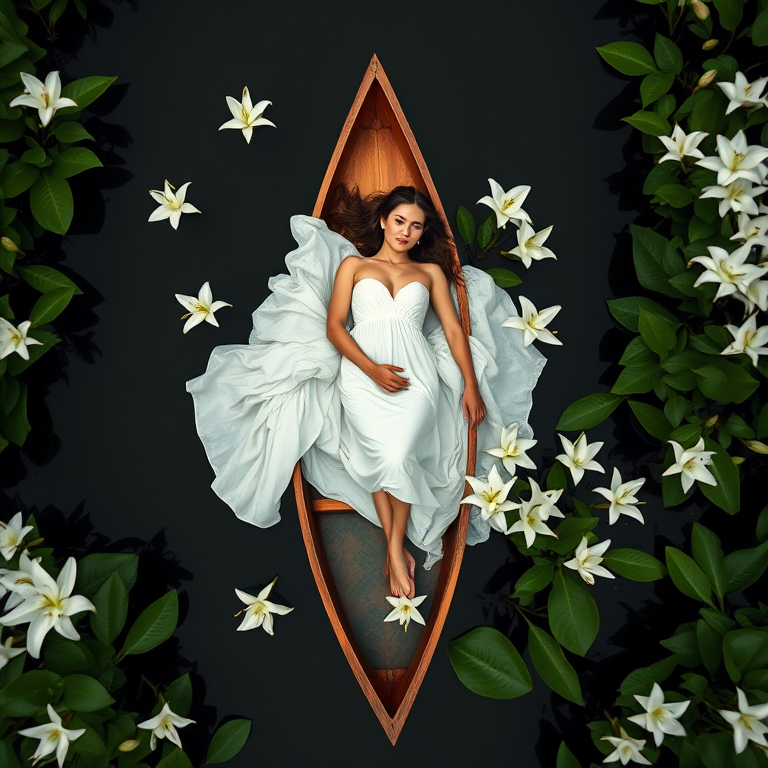 A serene scene of a woman in a flowing white dress lying on a canoe surrounded by lush white lilies, shot from above with a Canon EOS R5, 24mm lens, f/2.8 aperture, ISO 100, natural soft lighting for enhanced clarity and detail.