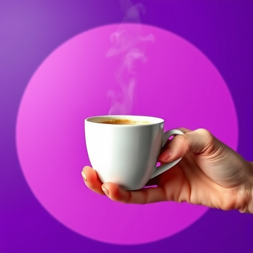 Create a high-resolution image of a steaming coffee cup held by a hand, on a circular background with bold purple and white colors, using a DSLR camera with a 50mm lens, aperture f/1.8, ISO 100, shot in natural light from a front view to capture fine details.