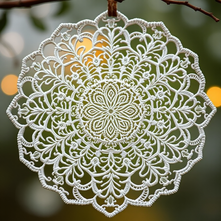 Create an intricate lace ornament design featuring detailed circular patterns and floral motifs, captured with a Canon EOS R5, 50mm lens, f/1.8 aperture, ISO 100, with a soft focus background and high dynamic range for enhanced detail.