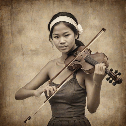 a young Cambodian woman with a white headband playing a violin, in the style of a charcoal drawing, sepia grunge background
