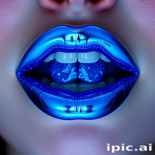 Electric blue chrome lips in "Galactic Frost" style, boasting a mirror-like shine and holographic sparkles, creating an otherworldly and futuristic aesthetic