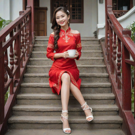 Chinese girl with a sweet smile wearing a red shivalai Thai dress, diamond jewelry, braided hair, holding a cup of hot coffee, wearing white high heels, standing on the stairs, Thai style house.