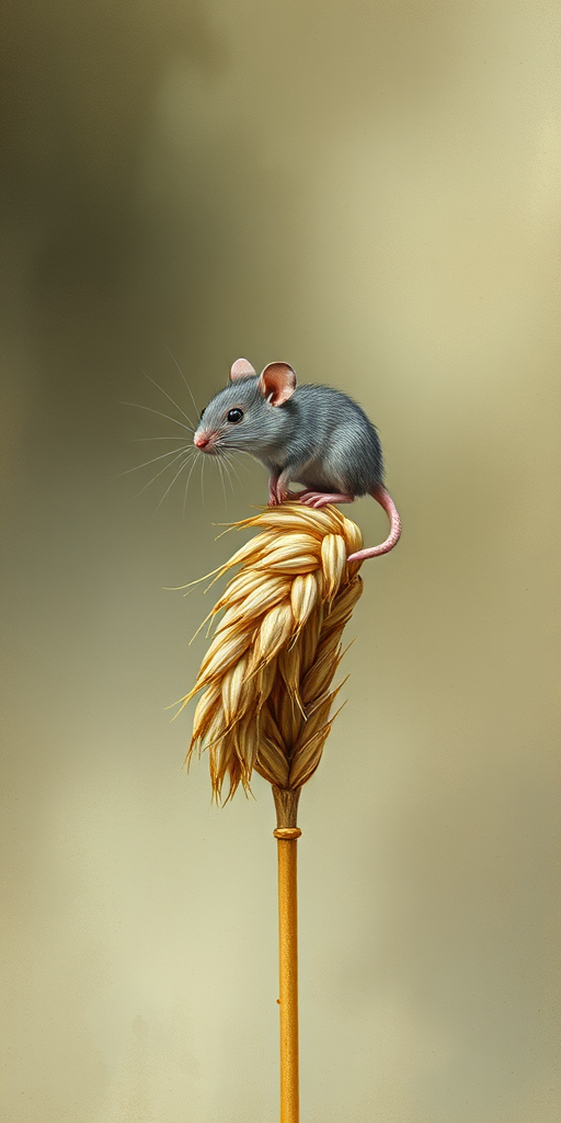 Soft, muted Alcohol Ink with ebru effect background image of tiny whimsical rat, who climbed high on the top of a golden rye ear.