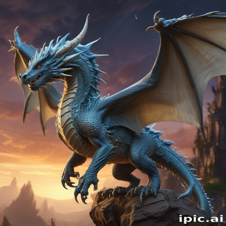 Majestic Blue Dragon Spreading Its Wings Against a Stunning Sunset ...